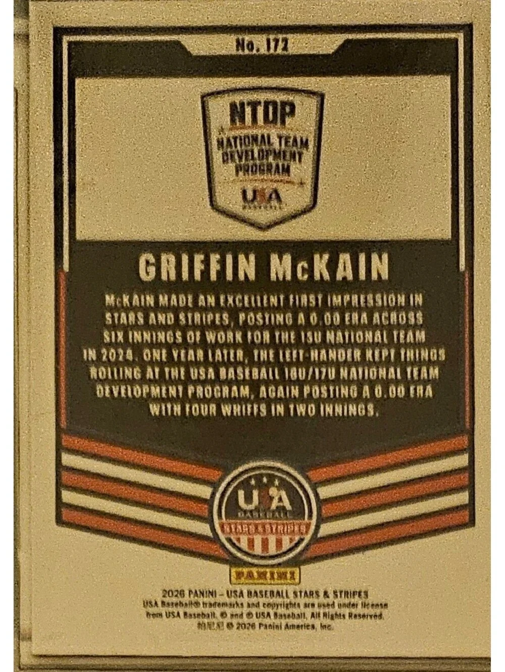 2026 Panini Stars & Stripes Prizm USA Baseball #172 - Griffin McKain